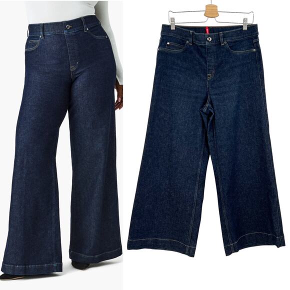 Spanx Wide Leg Denim Pull-On Pants Jeans Raw Indigo Dark Wash Size XL Petite - Picture 1 of 11